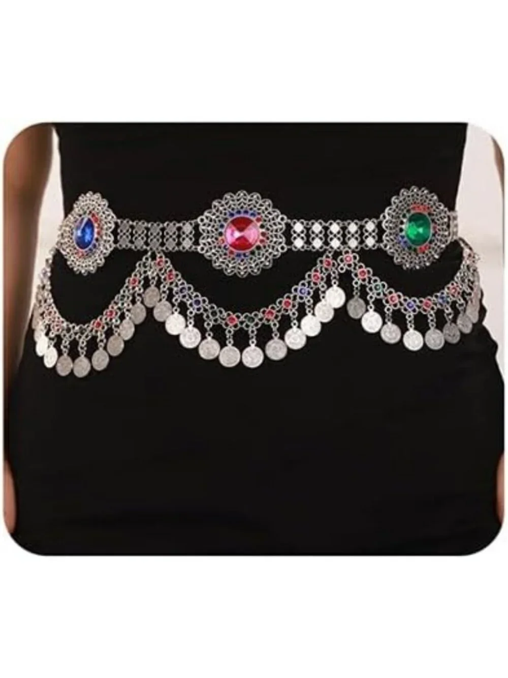 Boho Crystal Rhinestone Body Chain Belt with Silver Coin Pendant & Tassels